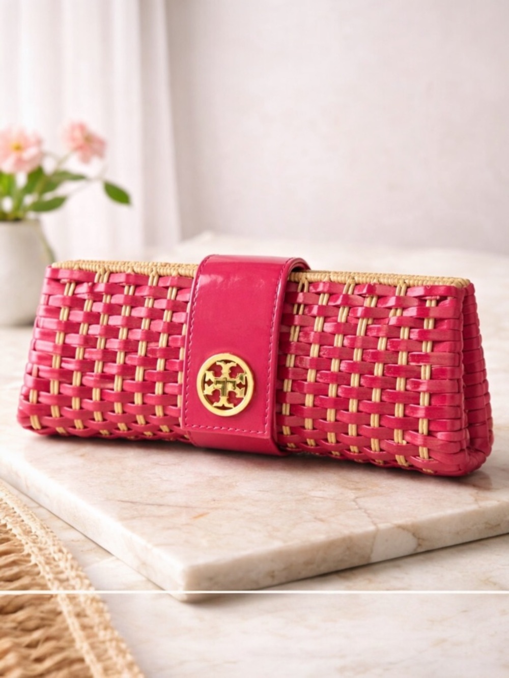 TORY BURCH Pink Raffia Woven Clutch | Gold Logo Accent | Spring Summer Handbag